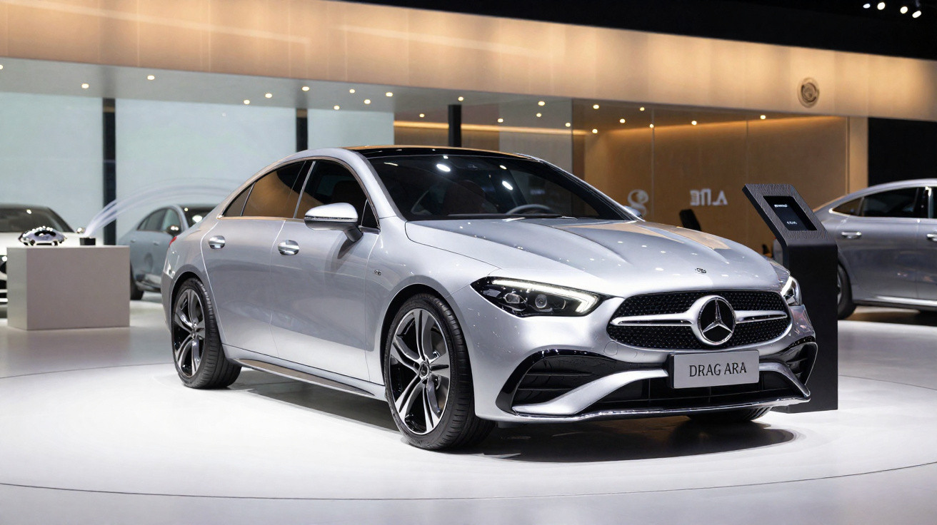 Carro sedan prata Mercedes-Benz em exposição moderna com piso branco e grande janela ao fundo.