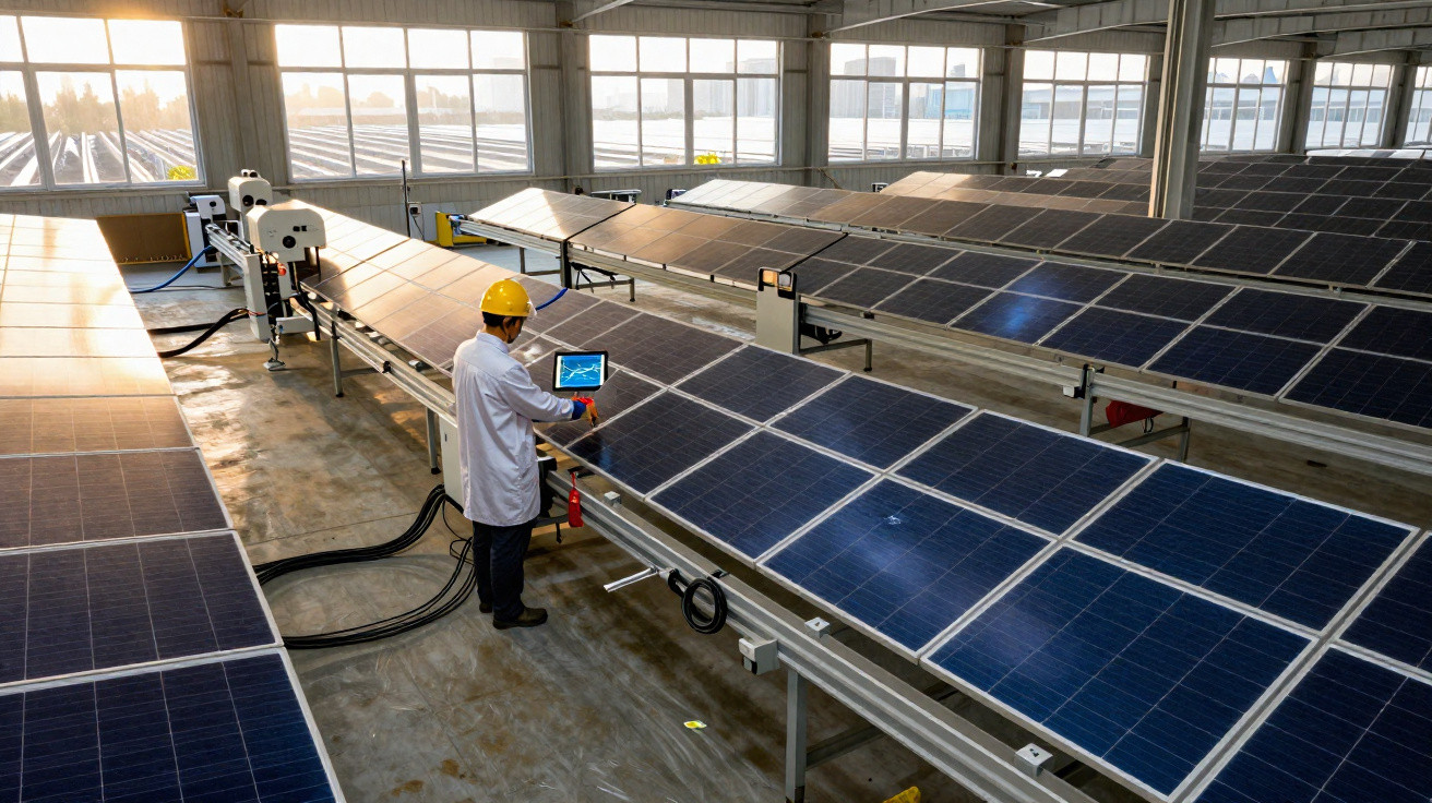 Funcionário com capacete amarelo inspecciona painéis solares em linha de produção de fábrica iluminada.
