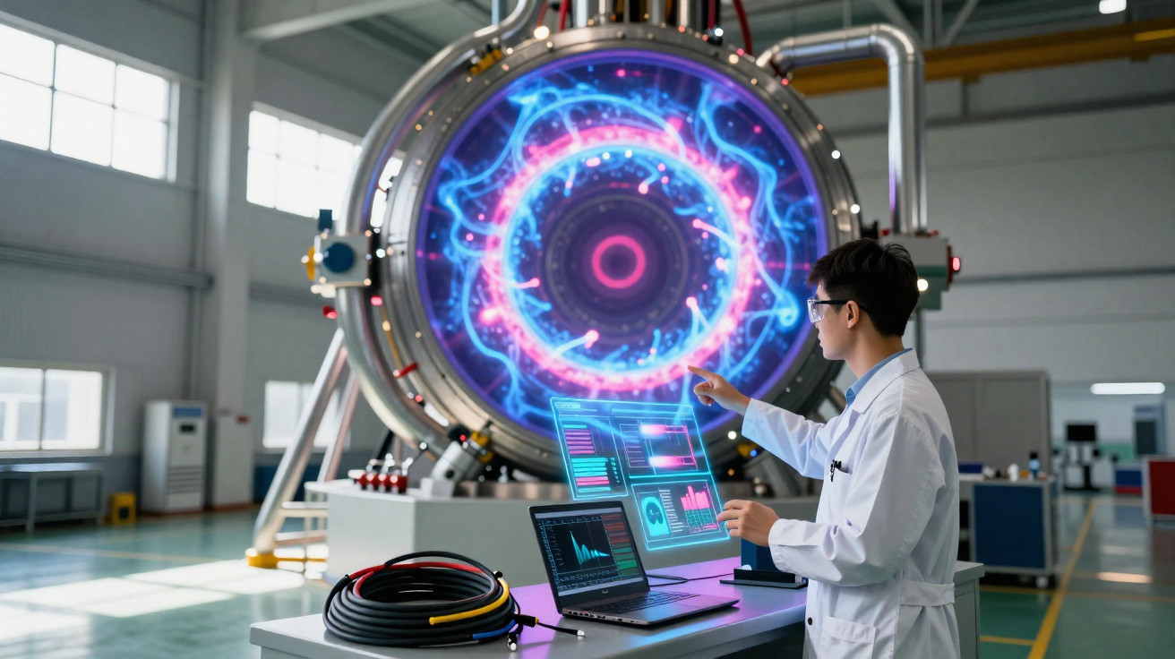 Cientista em laboratório interage com holograma diante de equipamento tecnológico avançado circular.