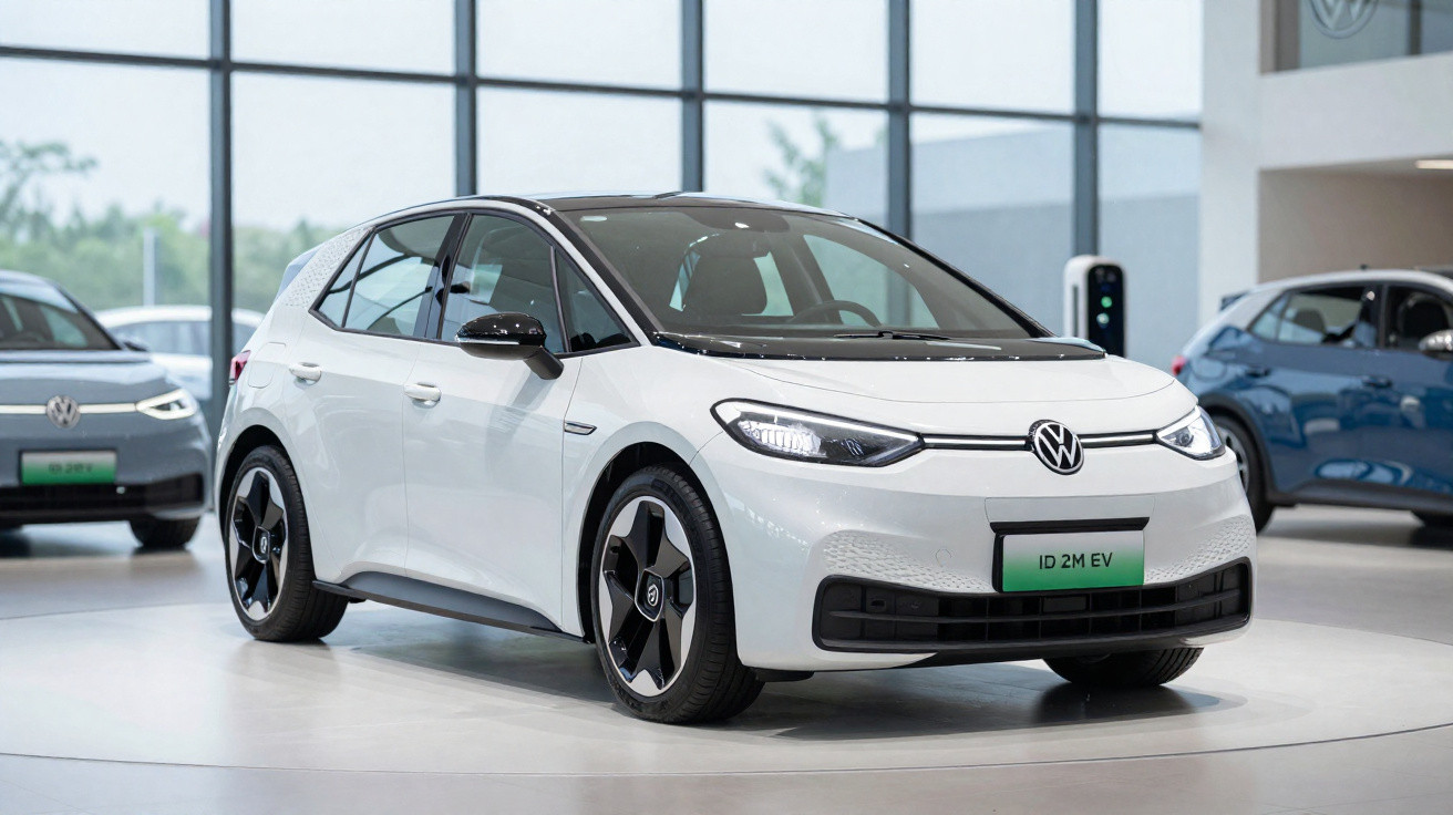 Carro elétrico Volkswagen ID.2 EV branco exibido em showroom moderno e iluminado.