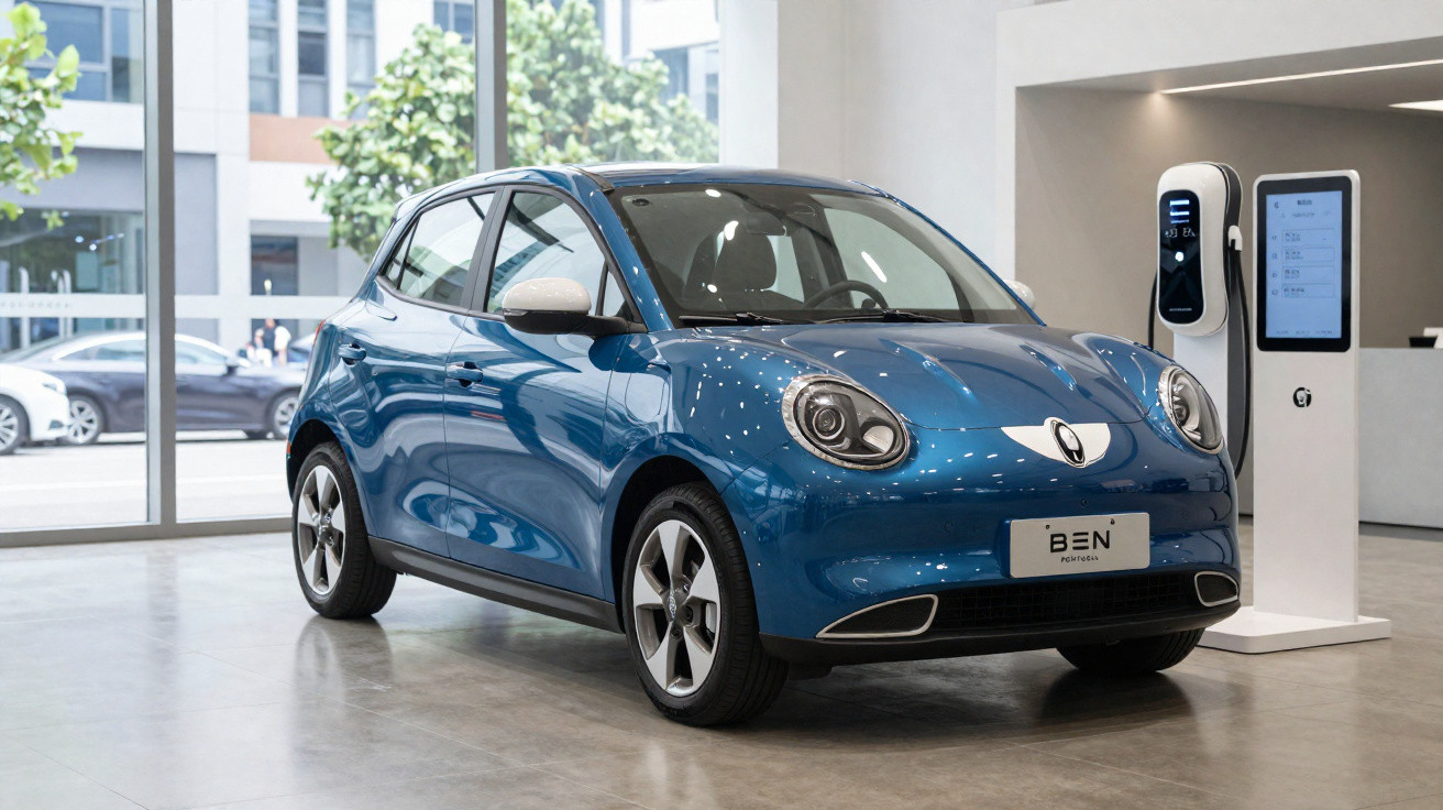 Carro elétrico compacto azul com teto branco estacionado ao lado de estação de recarga em showroom moderno.