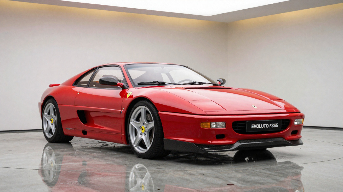 Carro esportivo vermelho Ferrari Evoluto F355 estacionado em chão de mármore refletivo em ambiente iluminado.