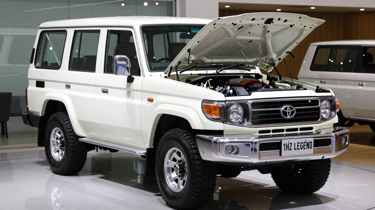 SUV branco Toyota Land Cruiser com capô aberto em showroom automotivo.