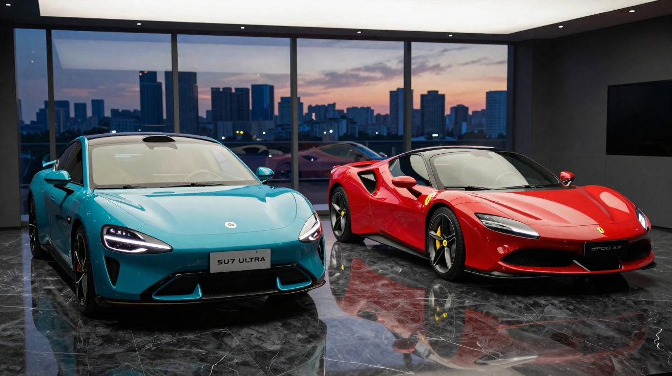 Dois carros esportivos, um azul e um vermelho, exibidos em piso refletivo com cidade ao fundo ao entardecer.
