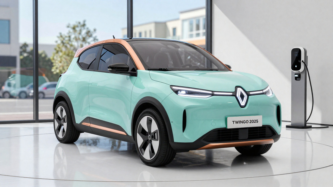 Carro elétrico Renault Twingo 2025 na cor azul claro, conectado a estação de recarga.