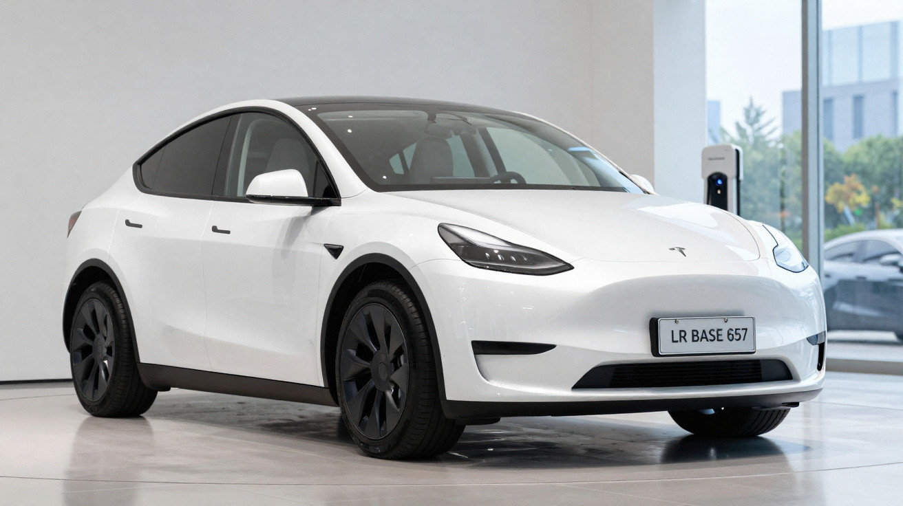 Carro elétrico branco Tesla Model Y estacionado em showroom com piso claro e janelas grandes ao fundo.