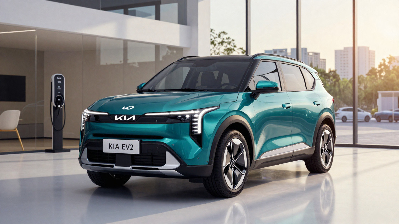 Carro elétrico Kia EV2 verde estacionado em showroom moderno com pontos de recarga ao fundo.