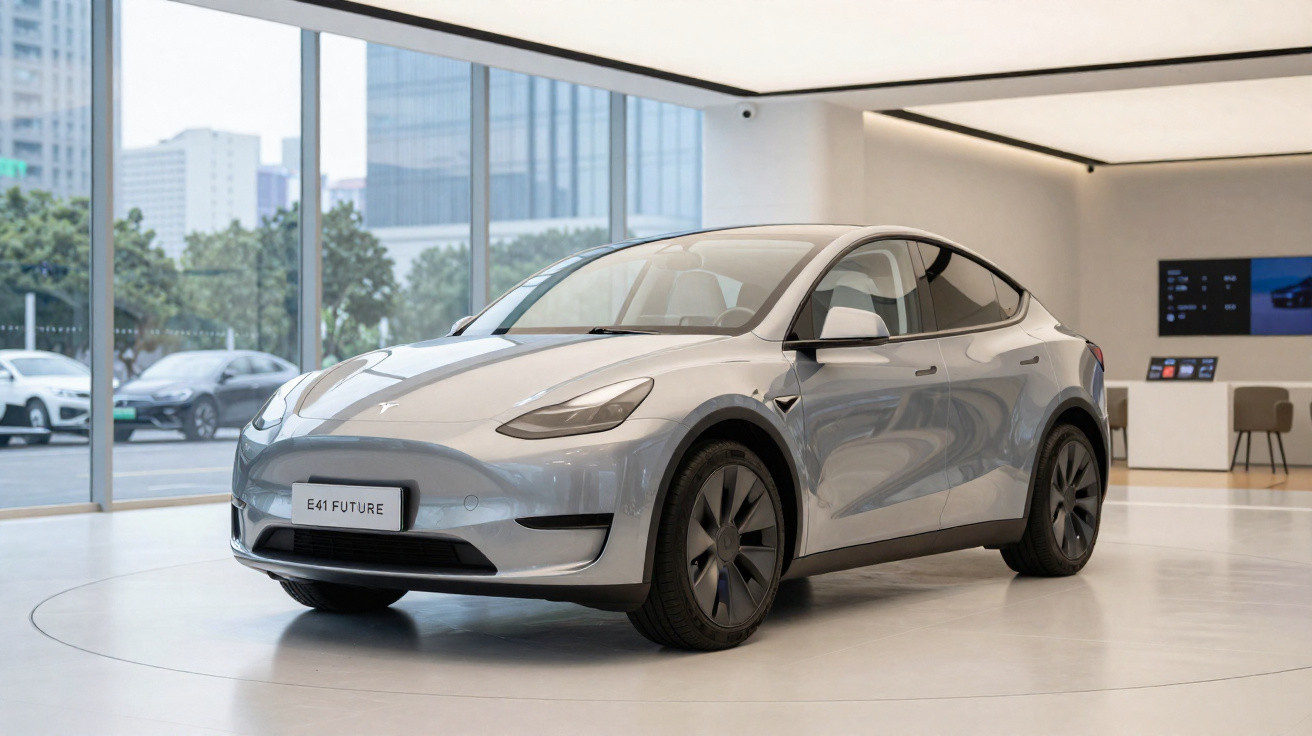 Carro elétrico Tesla Model Y prata exibido em salão moderno com paredes brancas e janelas grandes.