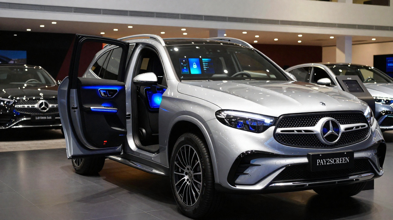 Carro SUV Mercedes-Benz prata em exposição, com portas dianteiras abertas em ambiente interno.