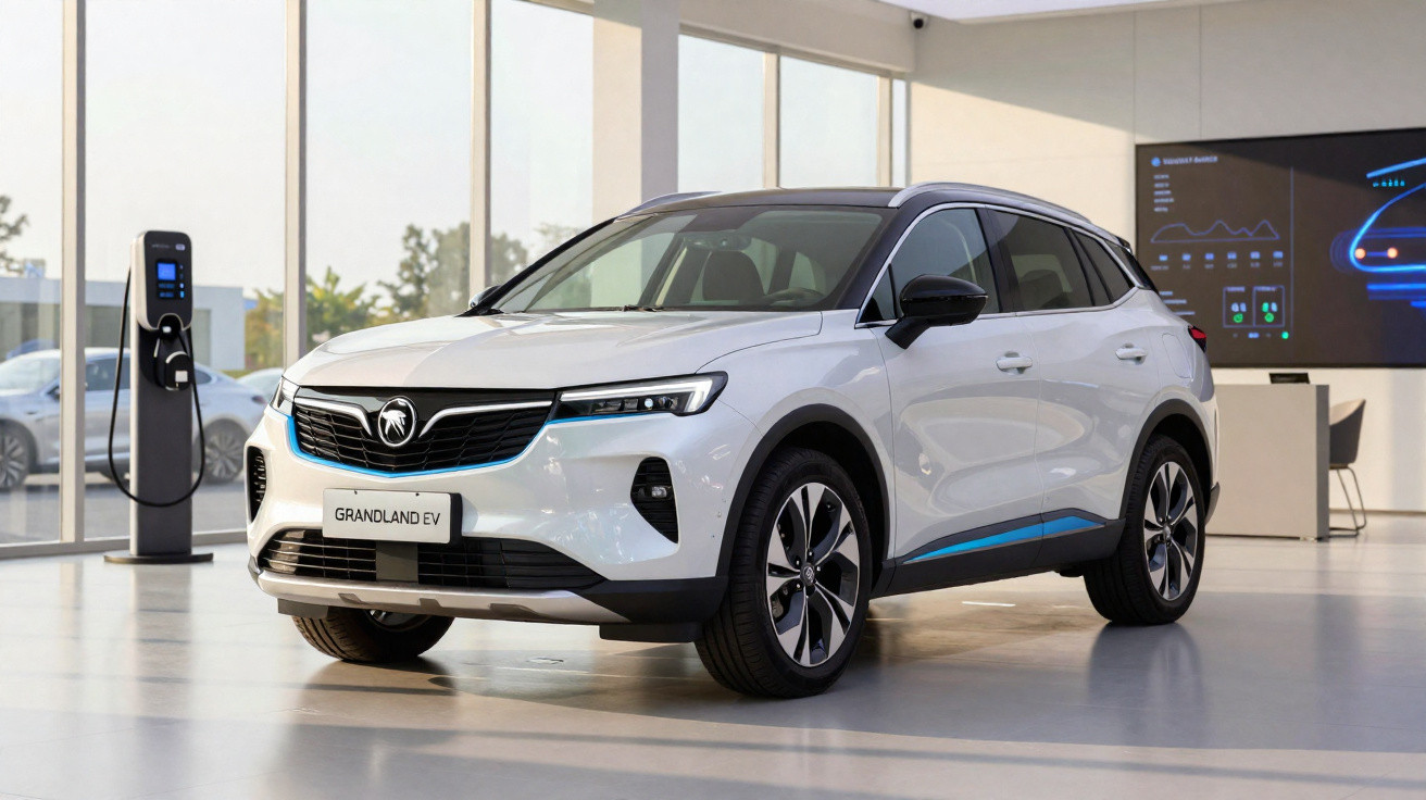 Carro elétrico branco modelo Gran Lançan EV exposto em ambiente moderno com estação de carregamento.