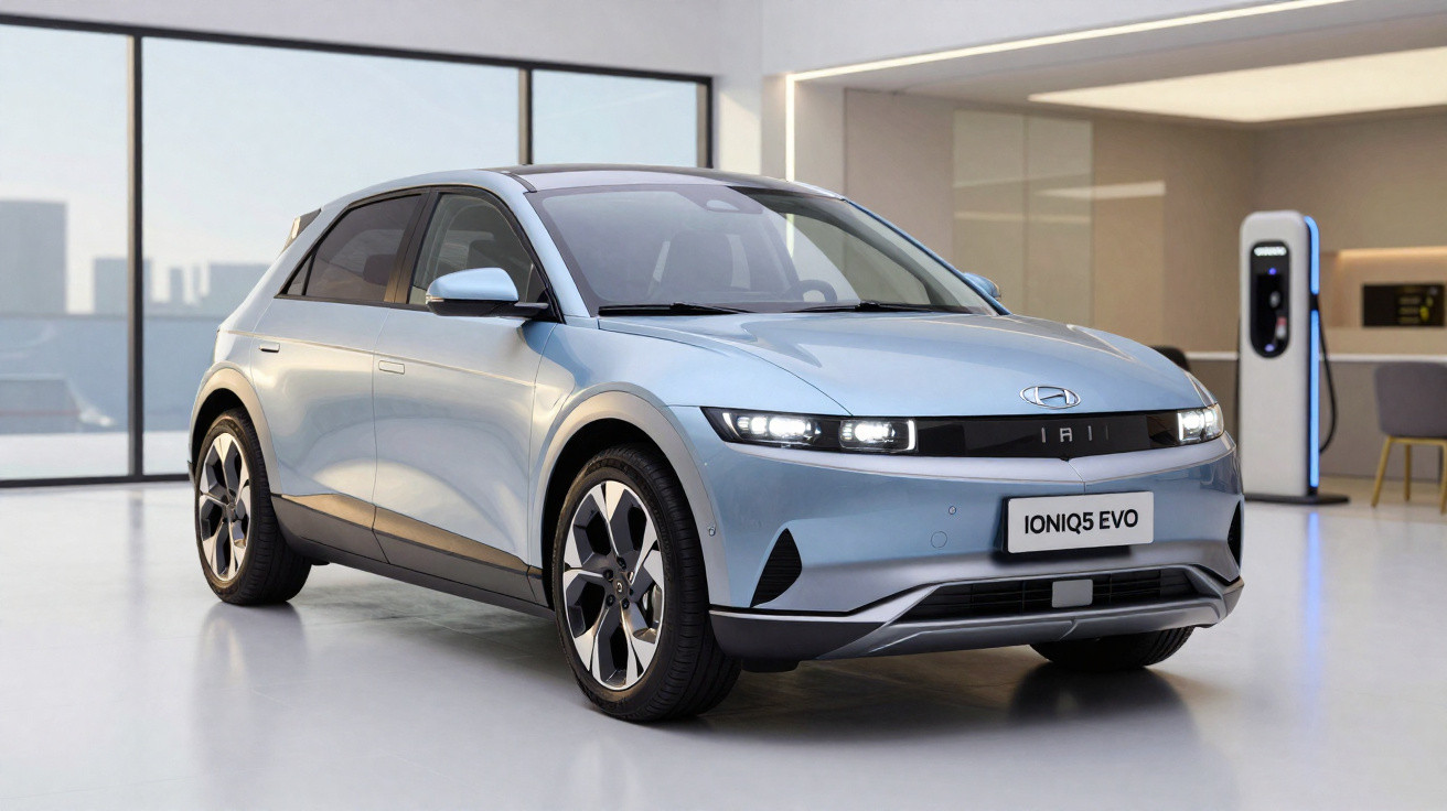 Carro elétrico cinza Hyundai Ioniq 5 EVO estacionado em showroom moderno com carregador ao fundo.