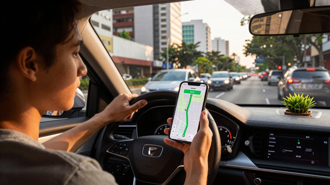Pessoa segurando celular com aplicativo de GPS dentro de carro em trânsito na cidade.