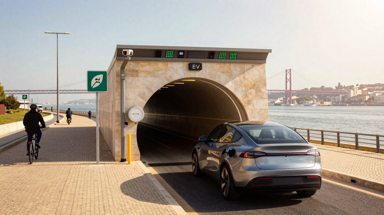 Carro elétrico prata estacionado próximo à entrada de túnel à beira de rio com ciclista passando na calçada.