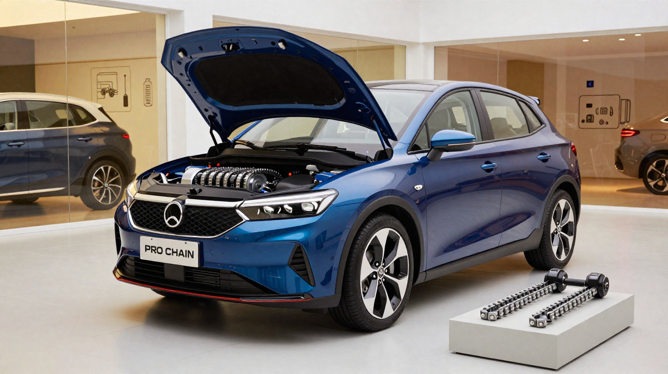 Carro azul com capô aberto em ambiente interno, com corrente e engrenagens expostas ao lado.