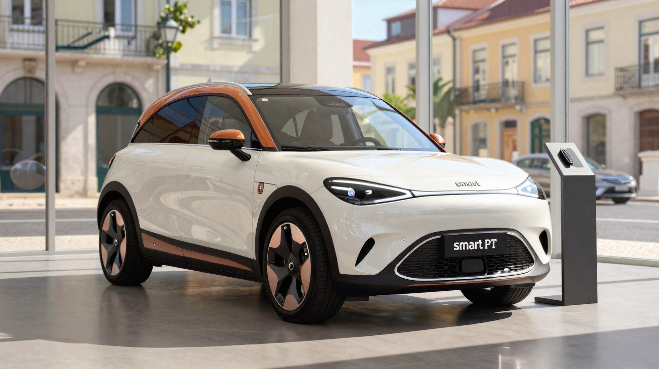 Carro elétrico branco Smart modelo 3 PT em exposição urbana diante de um carregador.