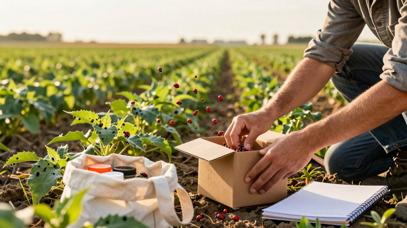 Agricultor recolhendo joaninhas em caixa de papelão em plantação com caderno e caneta ao lado.