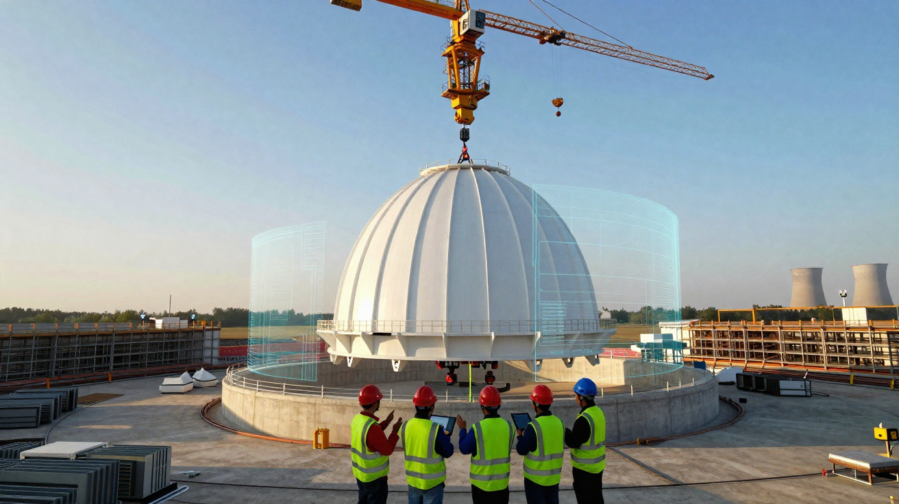Equipe de engenheiros observa montagem de cúpula branca suspensa por guindaste em obra ao ar livre.