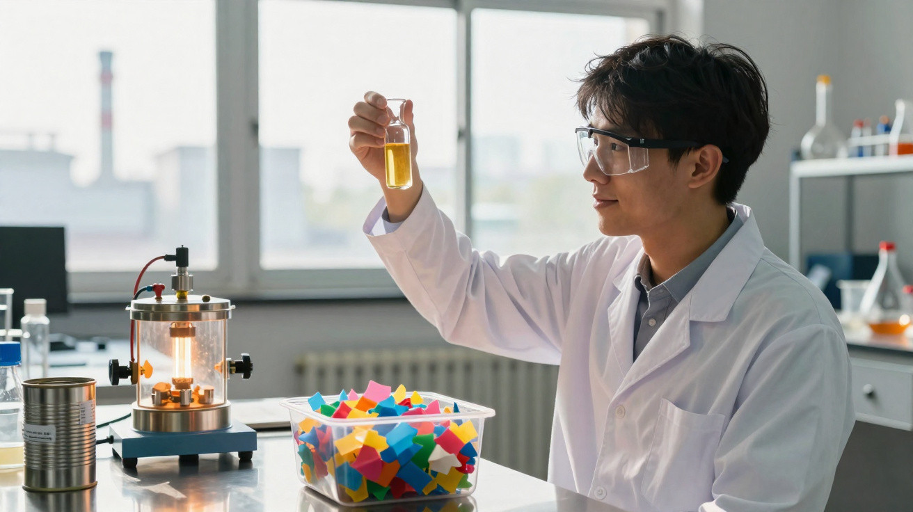 Cientista em laboratório analisando amostra amarela com equipamento e peças coloridas sobre mesa.