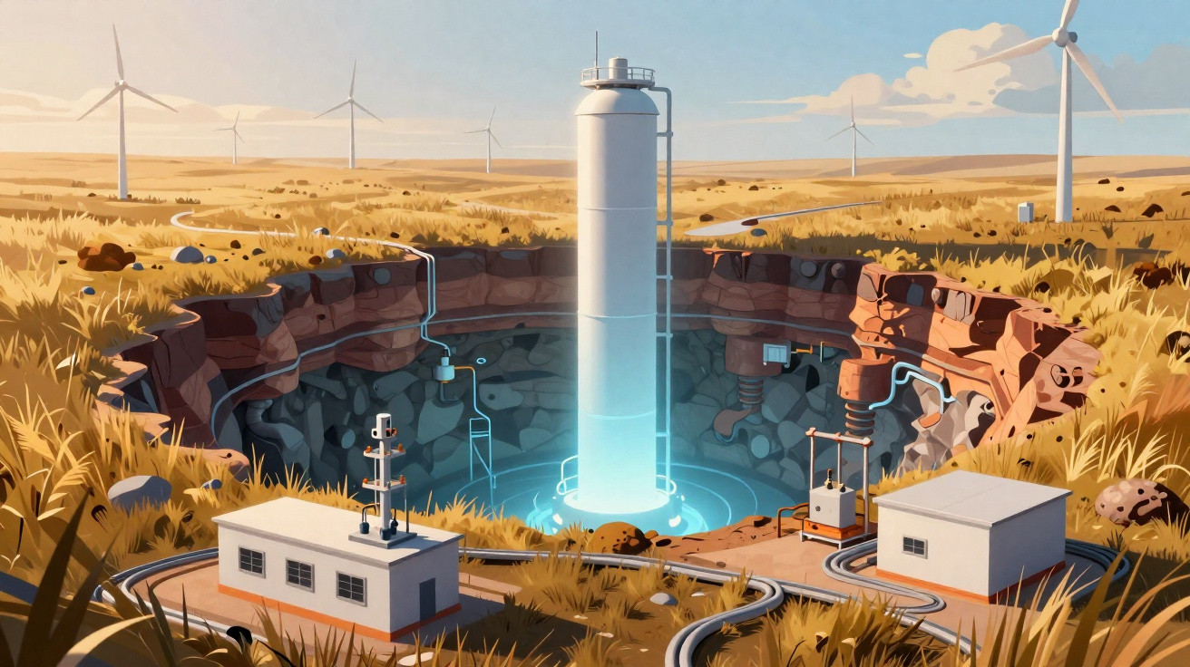 Ilustração de turbinas eólicas instaladas em um terreno com vala profunda e prédios industriais ao redor.