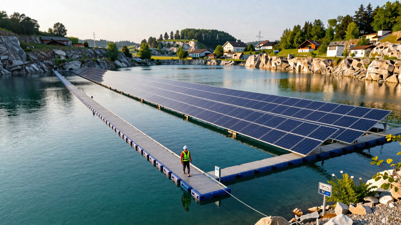 Baterias solares flutuantes em lago cercado por pedras, com homem caminhando na plataforma.