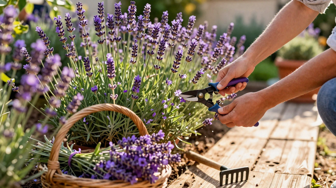 Pessoa colhendo flores de lavanda com tesoura de poda em cesta de vime no jardim ensolarado.