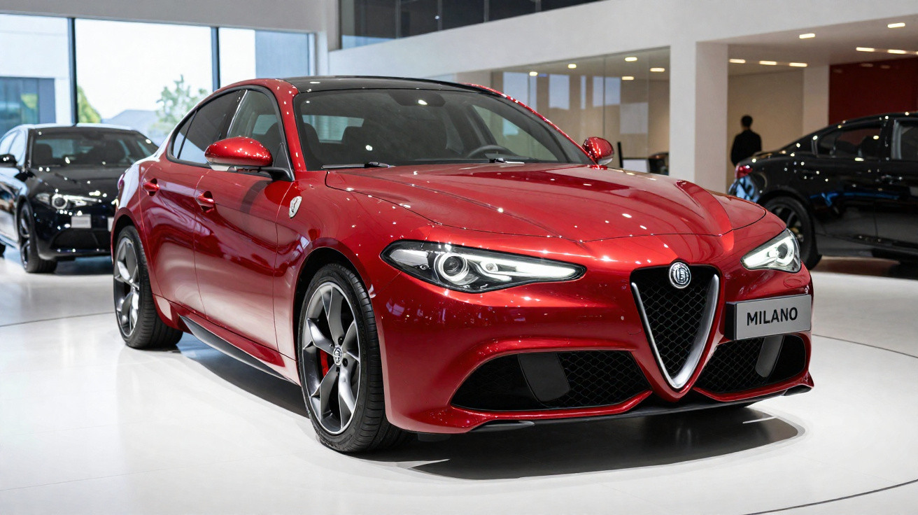 Carro esportivo sedã vermelho Alfa Romeo exibido em showroom moderno, com outros veículos ao fundo.