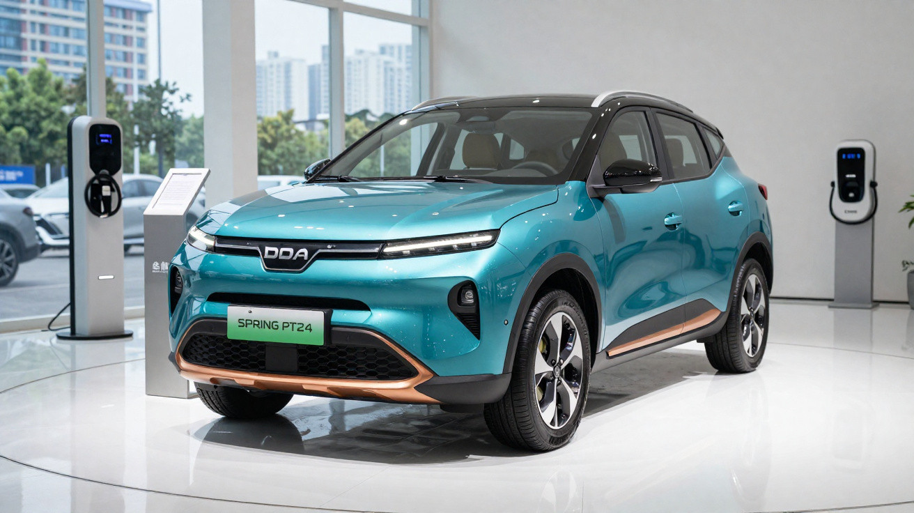 Carro elétrico SUV verde com carregador em ambiente interno e janelas amplas ao fundo.