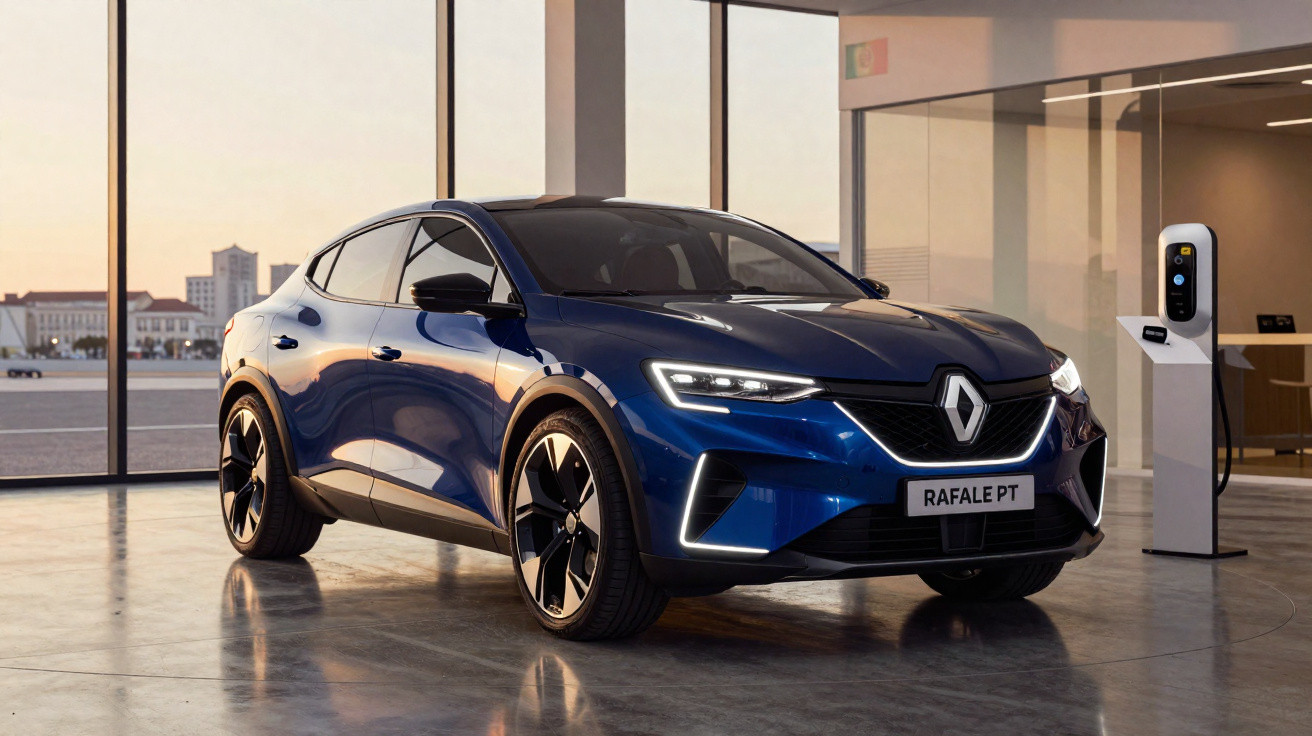 Carro elétrico Renault Rafale PT azul em ambiente interno moderno com estação de carregamento ao fundo.