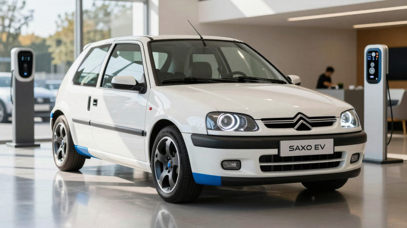 Carro elétrico branco Citroën Saxo EV estacionado em ambiente interno com carregadores ao fundo.