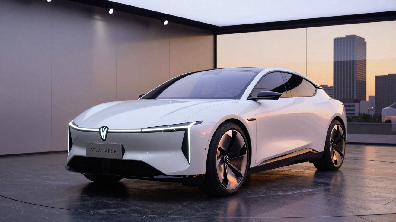 Carro elétrico branco moderno estacionado em ambiente interno com fachada de vidro e vista da cidade ao fundo.