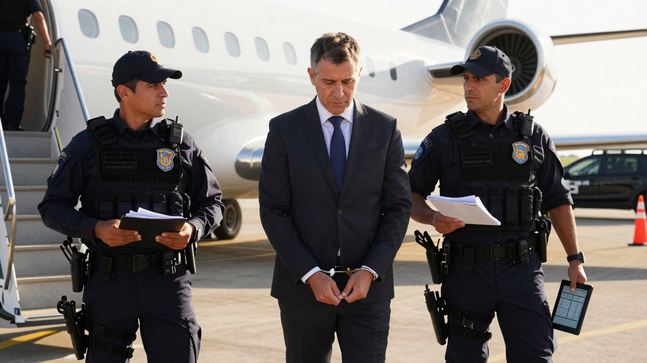 Homem algemado sendo escoltado por três policiais na pista perto de um avião executivo.