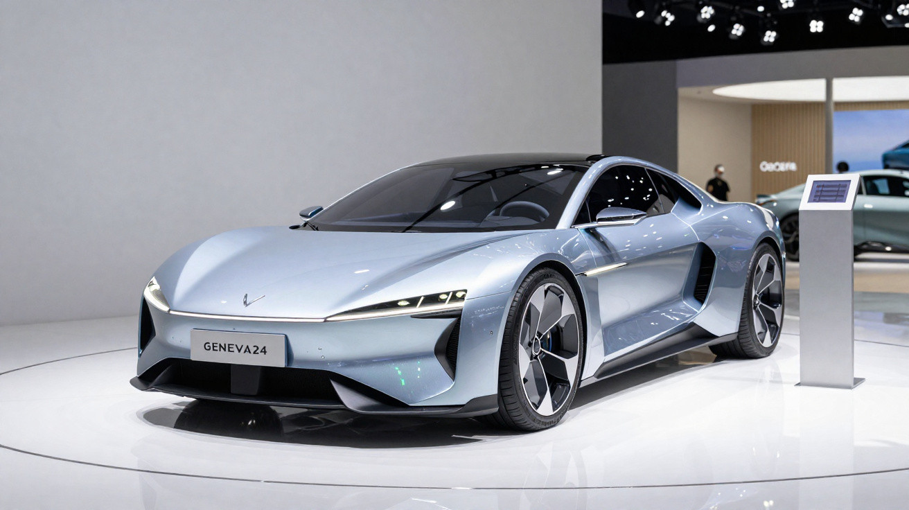 Carro esportivo elétrico prata exposição com design futurista na feira de automóveis de Genebra 2024.