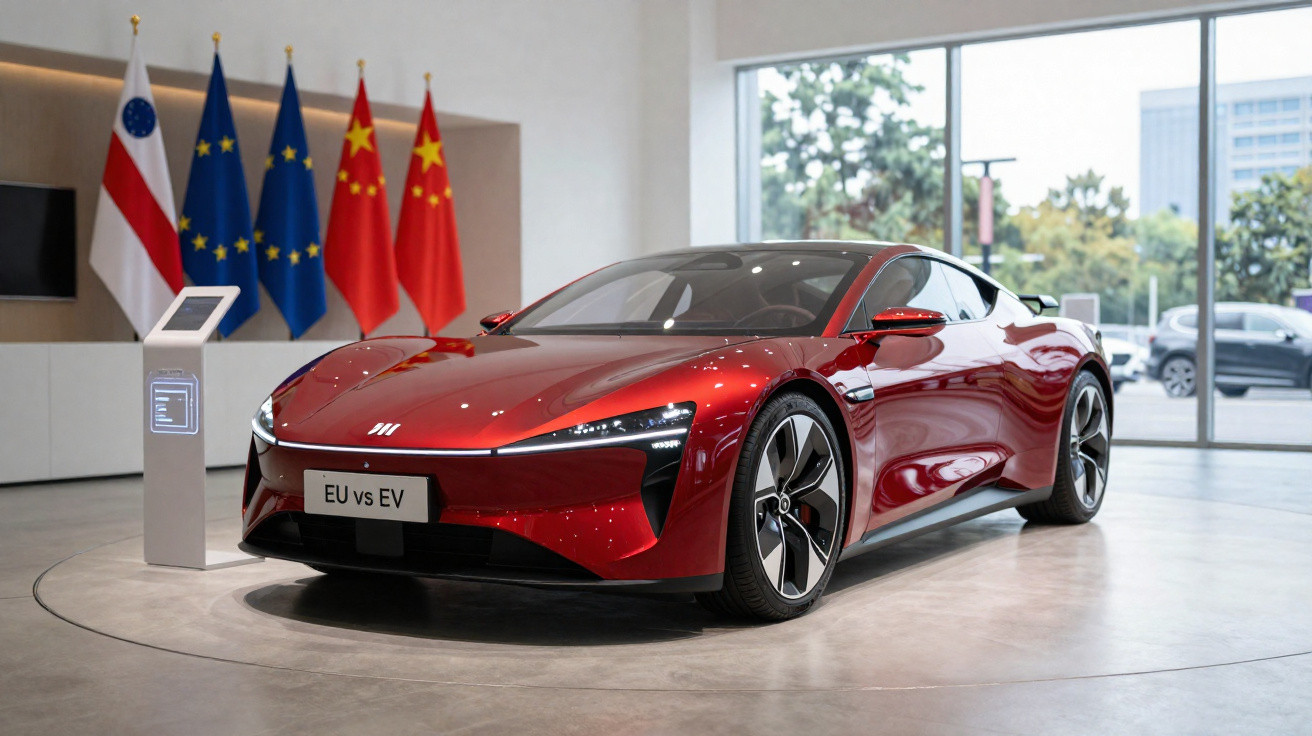 Carro elétrico vermelho em exposição com bandeiras da UE, Filipinas e China ao fundo.