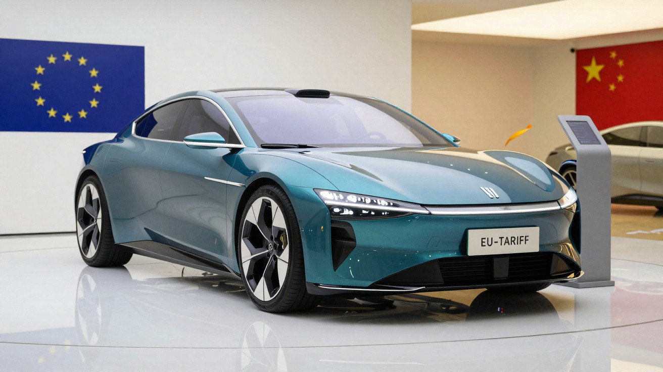 Carro elétrico azul futurista exibido em salão com bandeiras da União Europeia e China ao fundo.