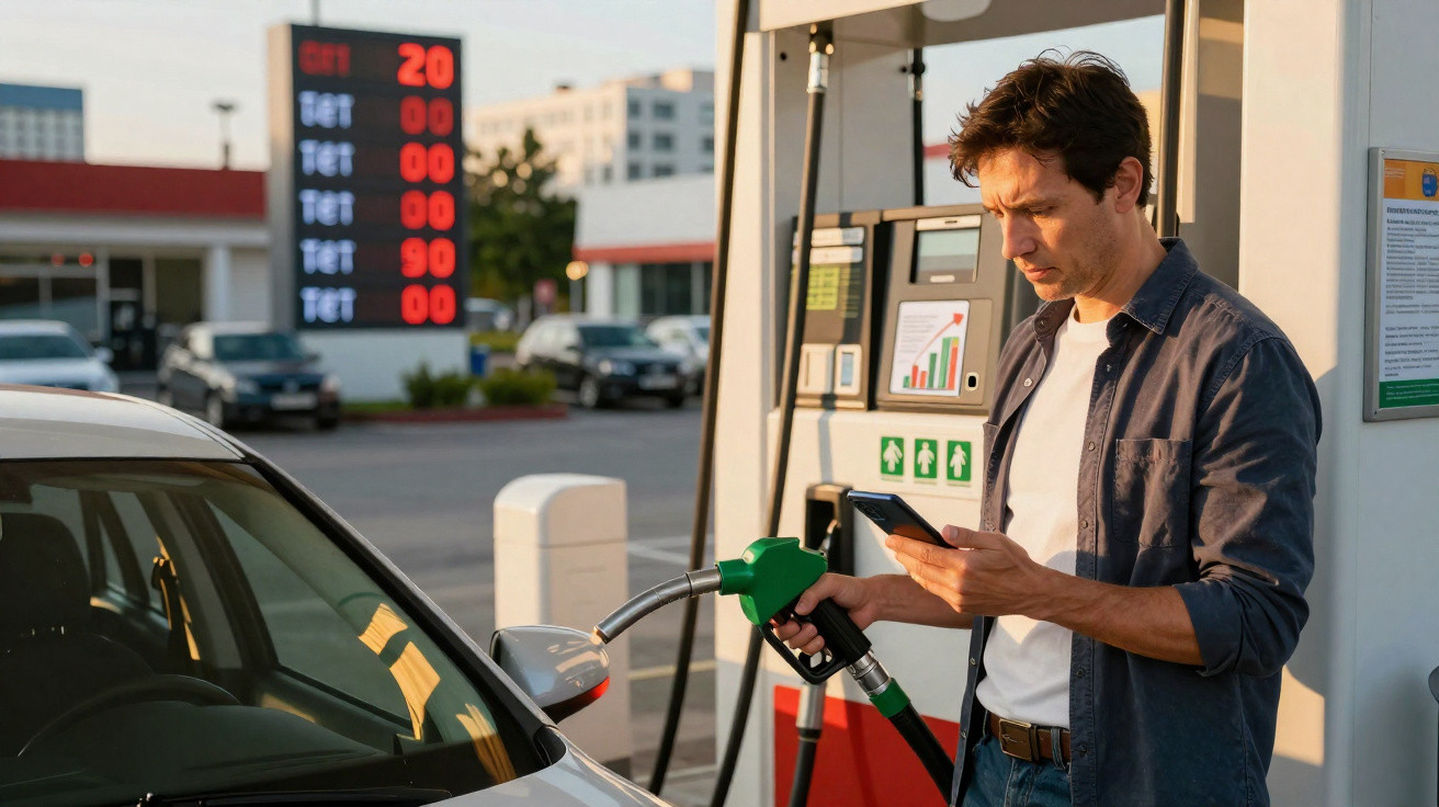 Homem abastecendo carro em posto de gasolina enquanto consulta celular em dia ensolarado.