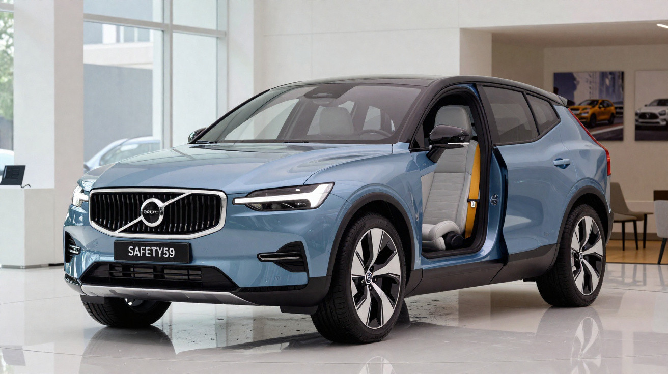 Carro Volvo azul claro em exposição dentro de showroom, portas dianteira e traseira abertas.