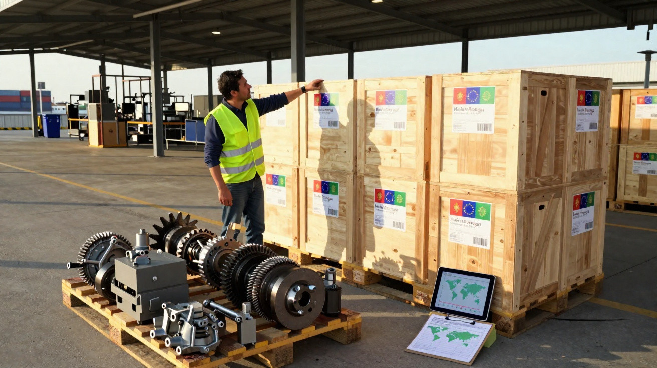 Homem com colete refletivo verificando caixas de madeira e equipamentos industriais em galpão.