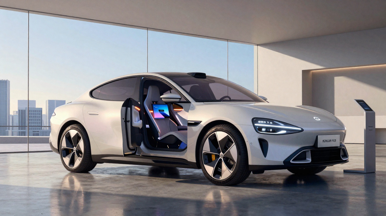 Carro elétrico branco estacionado em showroom moderno com porta dianteira aberta e painel digital visível.
