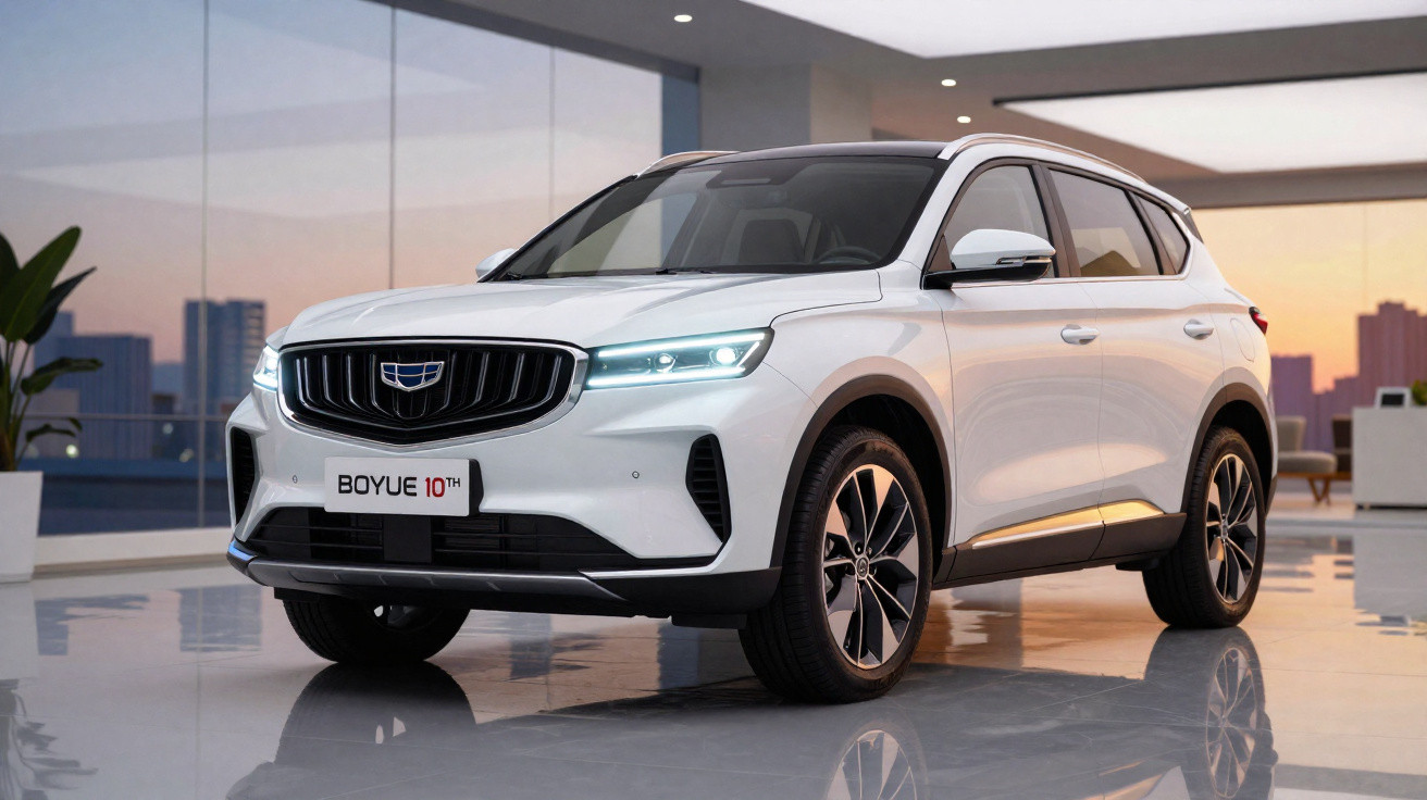 Carro SUV branco Geely Boyue 10th estacionado em ambiente interno moderno com janelas amplas ao fundo.