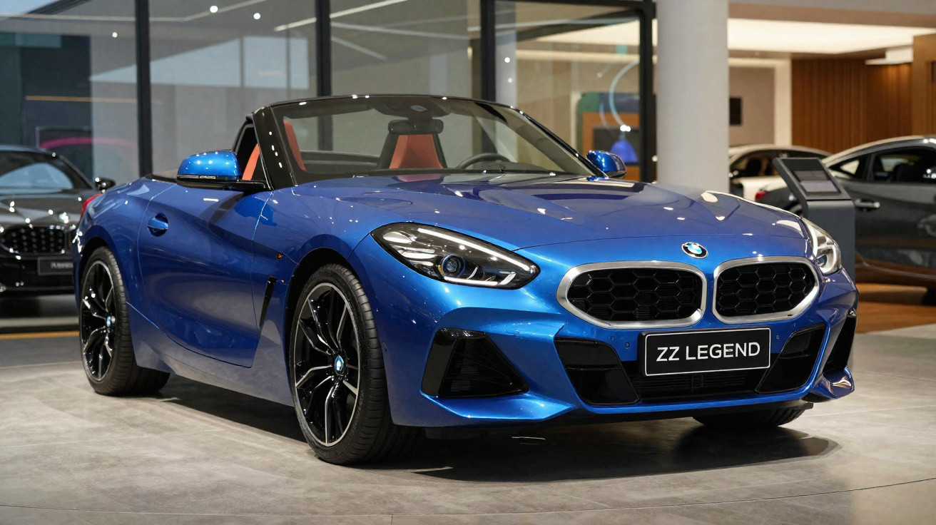Carro conversível esportivo BMW azul brilhante em showroom moderno com interior vermelho.