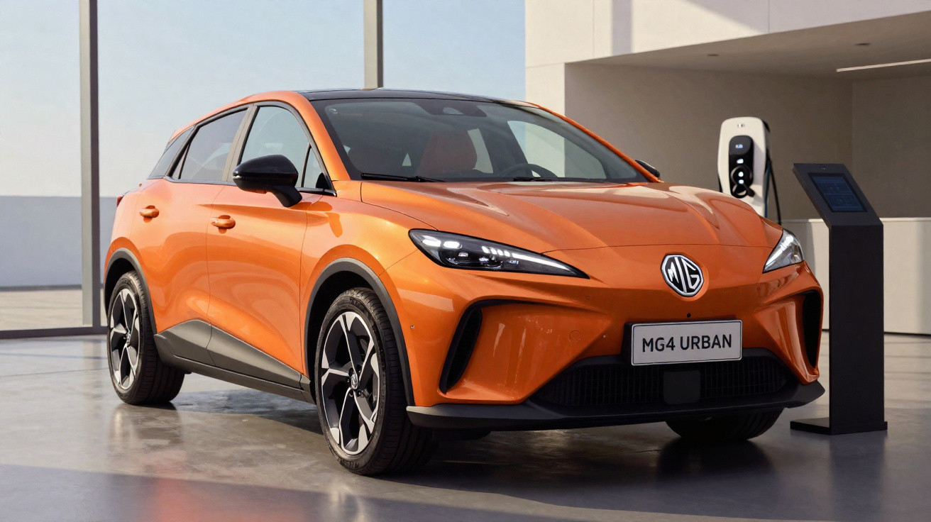 Carro elétrico laranja MG4 Urban estacionado em ambiente interno próximo a carregador.