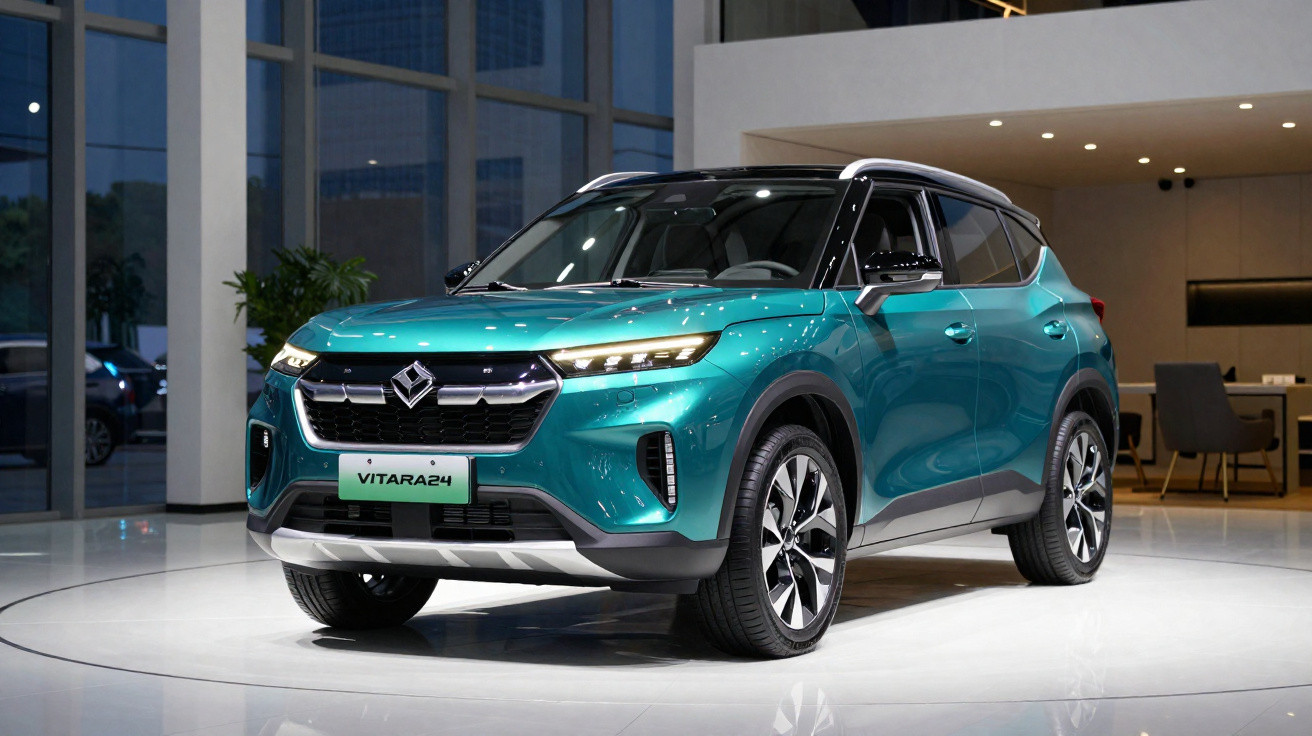 SUV Suzuki Vitara24 azul exibido em showroom moderno com iluminação focada e teto preto.