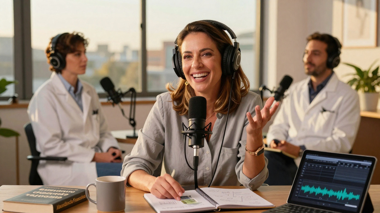 Mulher sorridente grava podcast com microfone, fones e caderno, enquanto dois médicos conversam ao fundo.
