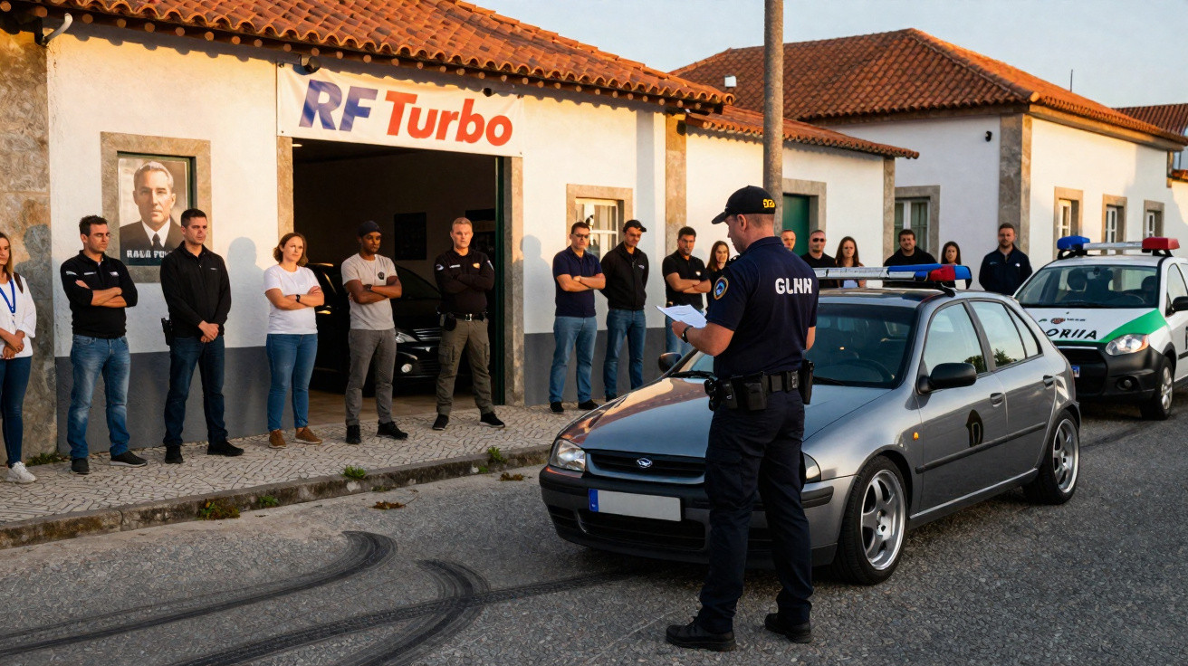 Policial escreve em bloco de notas ao lado de viatura policial estacionada, com grupo de pessoas ao fundo.