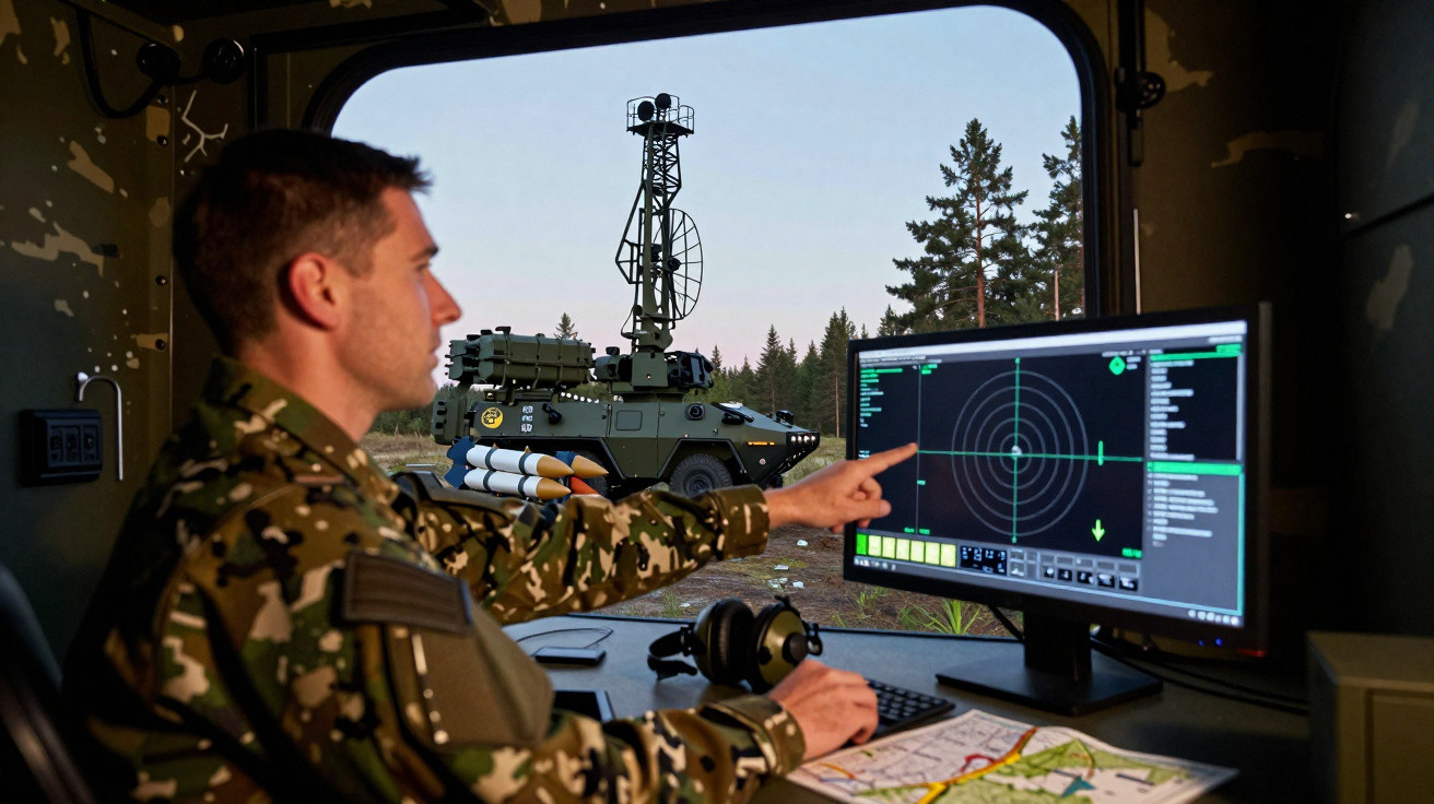 Militar operando radar de vigilância em base móvel com equipamentos e mapa ao entardecer.