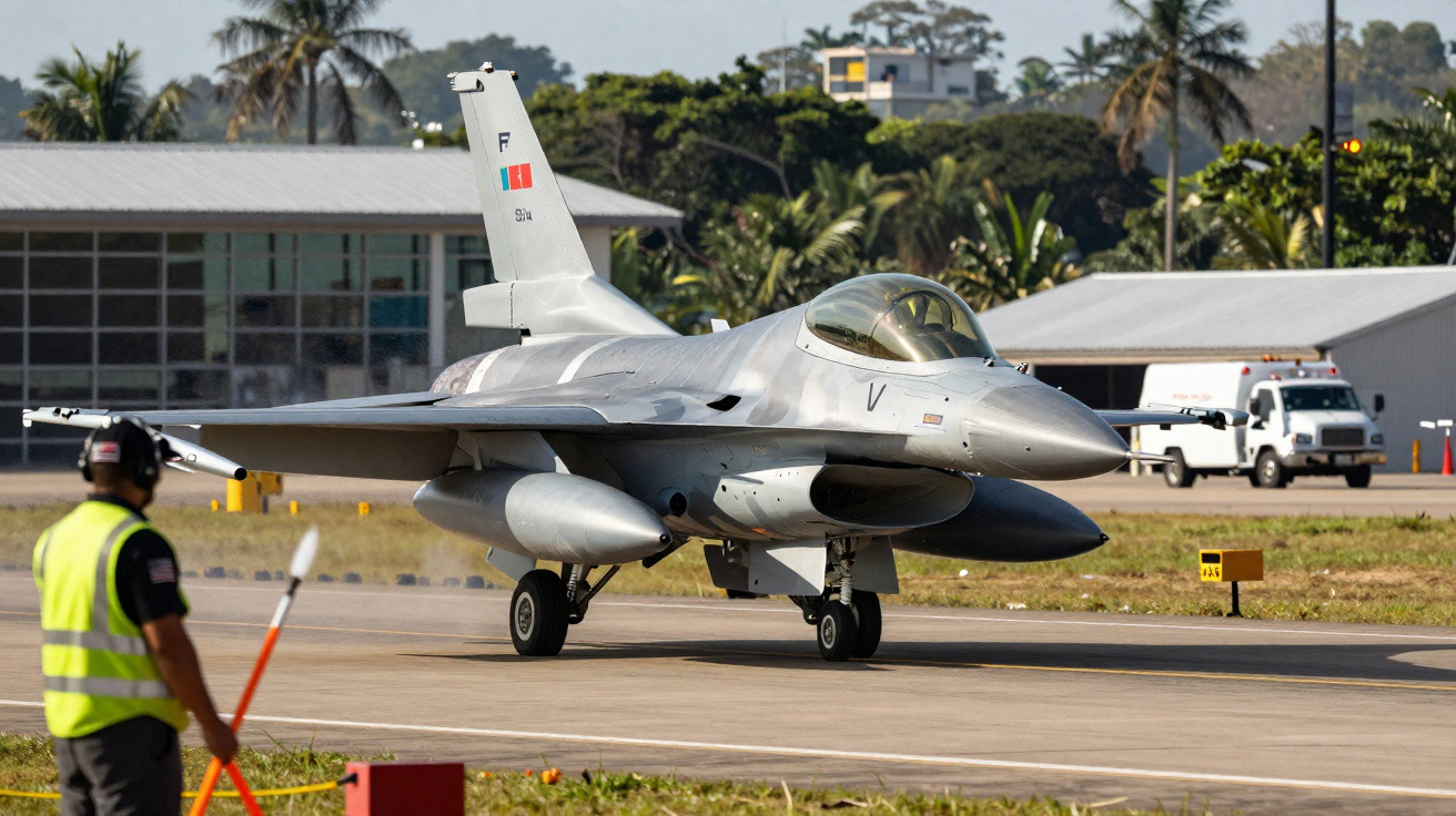 Caça F-16 da Força Aérea Brasileira taxiando na pista de aeroporto com um sinalizador laranja à esquerda.