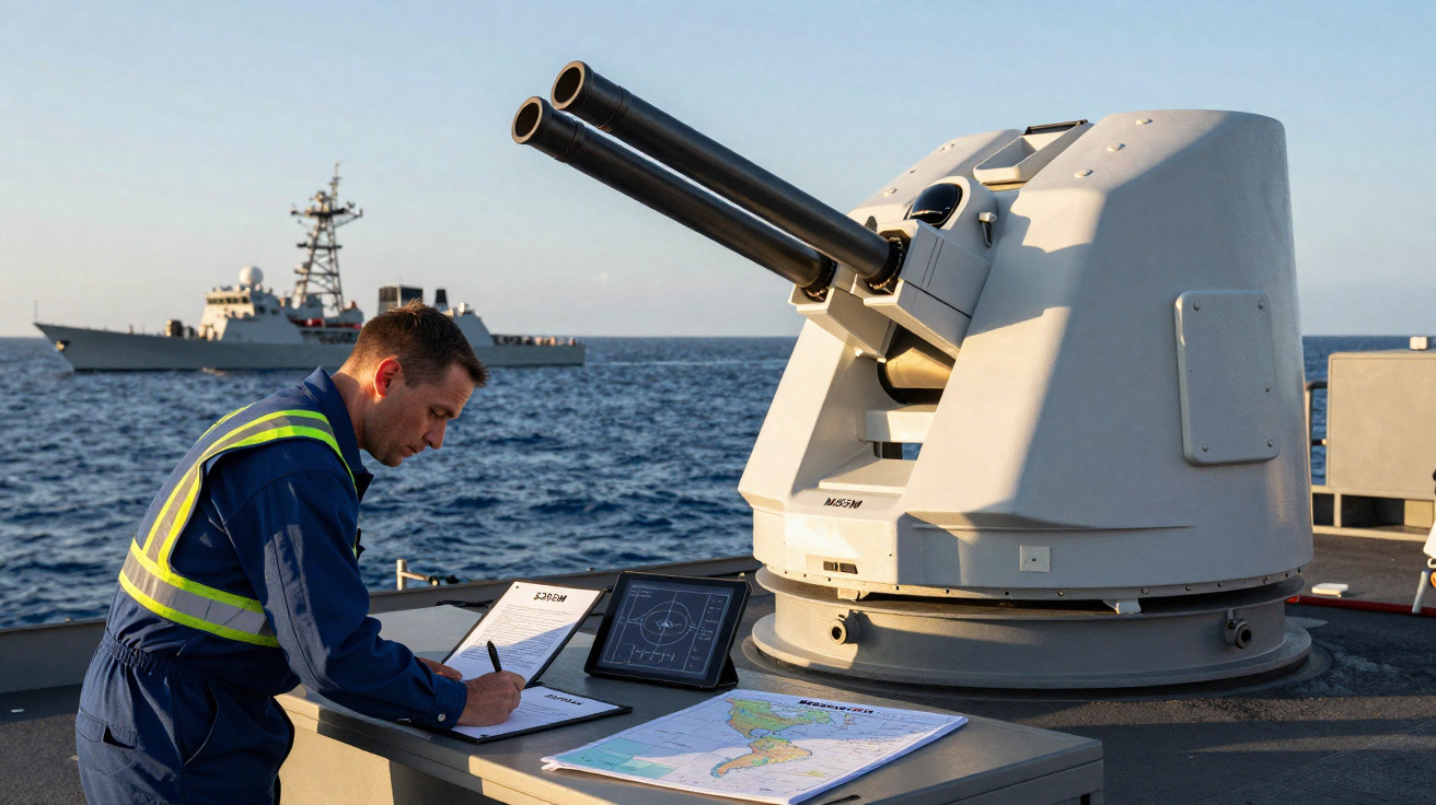 Marinheiro naval em colete refletivo trabalha em mesa com mapas e laptop ao lado de arma de artilharia em navio no mar.