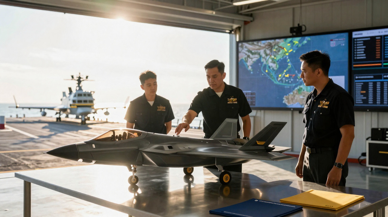 Três militares revisam modelo de drone aéreo em mesa dentro de hangar com navio e mapas ao fundo.