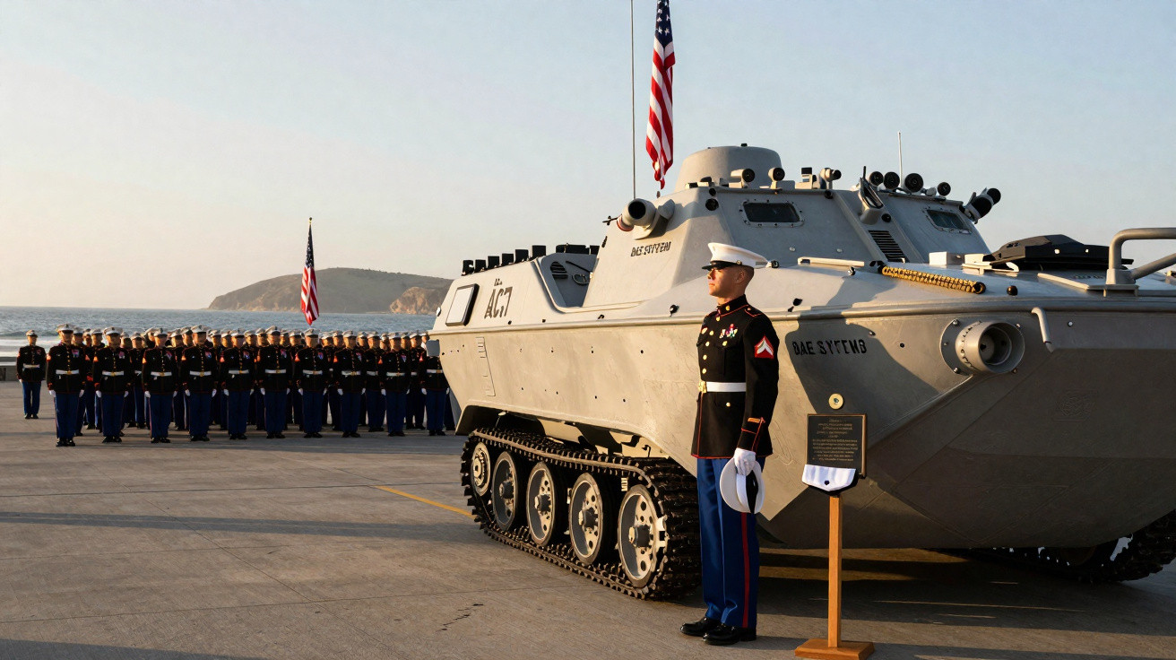 Fuzileiro naval dos EUA em uniforme ao lado de veículo blindado com bandeira americana e soldados ao fundo.