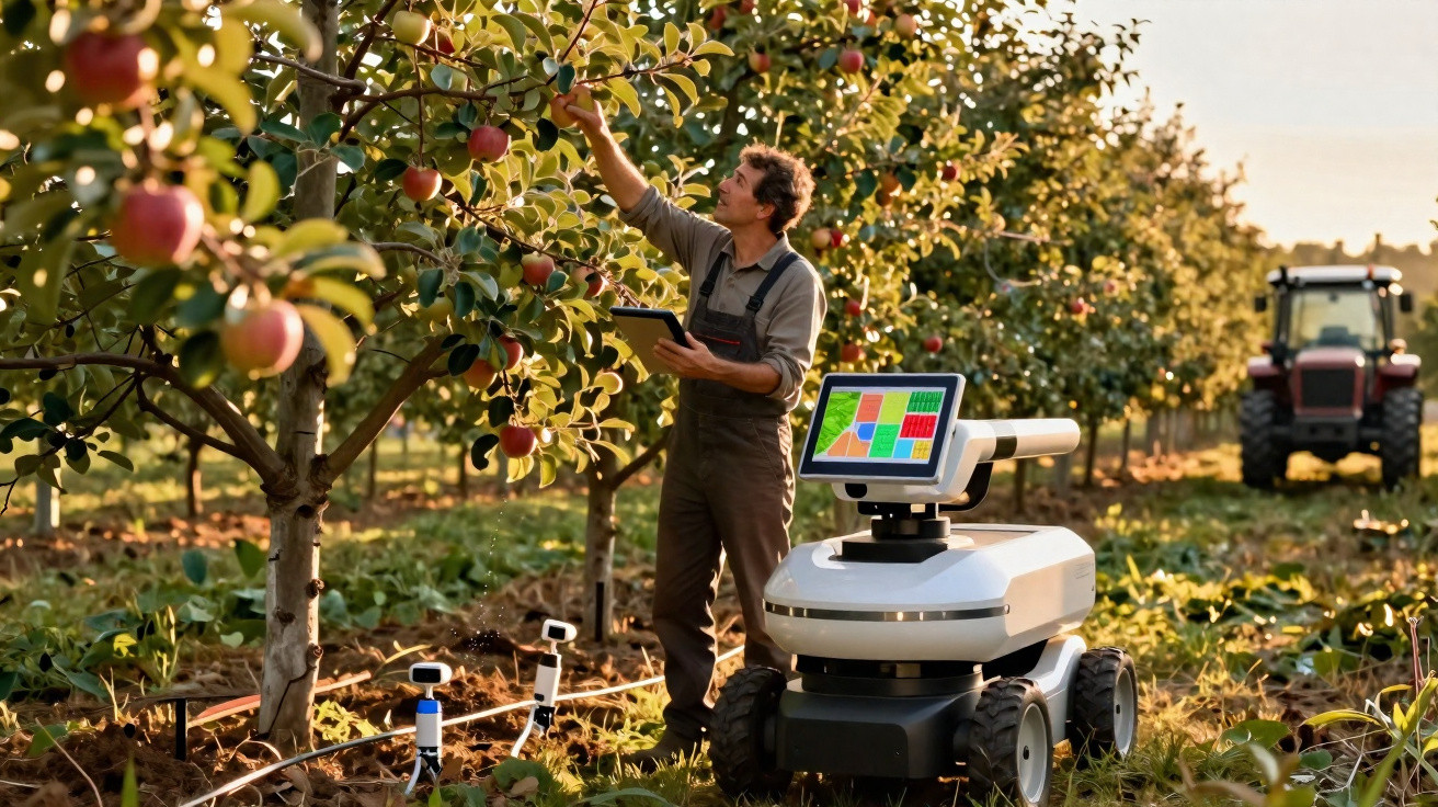 Agricultor inspecionando macieira com tablet ao lado de robô agrícola em pomar ao pôr do sol.